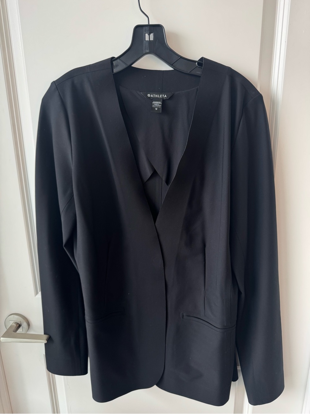 Athleta Avenue Black Open-Front Blazer with Subtle Pocket Detail